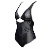 Body de mesh transparente color negro, sin mangas, con escote pronunciado y detalles de ribetes en tono beige.