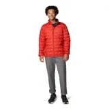 Campera técnica de plumón Columbia, color rojo, con tecnología Omni-Heat termorreflectante y construcción HeatSeal sin costuras. Cuenta con cierre frontal completo, cuello alto con protección para la barbilla, bolsillos laterales con cierre y puños ribeteados.