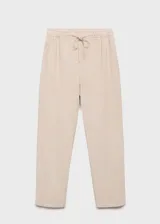 Pantalón fluido de tiro medio, color beige, de corte recto y pernera ancha. Cuenta con cintura elástica con cordón ajustable y bolsillos laterales.