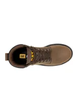 Bota de trabajo Caterpillar modelo Second Shift, color marrón, con puntera de acero, diseño impermeable y suela de goma antideslizante de alta resistencia.