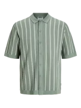 Polo de punto verde con rayas verticales blancas, corte relajado, cuello tipo camisa, cierre con botones y mangas cortas.