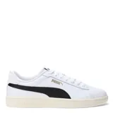 Championes Puma modelo Smash 3.0 L, de diseño urbano en color blanco con detalles en dorado y verde oscuro en el talón. Confeccionados en cuero sintético con cierre de cordones y suela de goma.