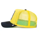 Gorra tipo trucker con panel frontal amarillo, visera curva negra y malla trasera amarilla. Presenta un parche bordado en el frente con la ilustración de un perro y la palabra 'LOYAL'.