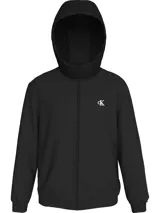 Campera negra con capucha y cierre frontal, con logo CK bordado en blanco en el pecho.