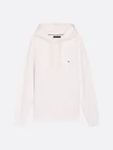 Buzo blanco de Tommy Hilfiger con capucha, cordones ajustables, logo bordado en el pecho, bolsillo tipo canguro, puños y bajo acanalados. Confeccionado en mezcla de algodón y poliéster.