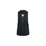 Musculosa con capucha Project Rock color negro, con diseño sin mangas, bolsillo tipo canguro delantero y estampa gráfica vertical de toros en el pecho.