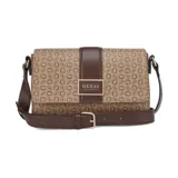 Cartera tipo bandolera Guess modelo Isabella, con diseño estructurado y estampado de monograma de la marca en tonos marrones. Presenta una solapa frontal con detalle de placa metálica con el logo de la marca y una correa ajustable de cuero sintético en color marrón oscuro.