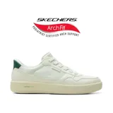Championes Skechers modelo Slip-ins Arch Fit Court Break, color blanco con detalles en verde oscuro en el talón. Diseño urbano de suela chunky con tecnología Arch Fit y Contour Foam.