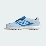 Championes de fútbol Adidas Predator League para pasto sintético, color celeste con detalles en azul y amarillo. Presentan lengüeta plegable, tecnología Powerspine para mayor estabilidad y malla Nanostrike para un ajuste preciso.