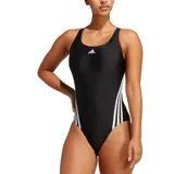 Malla enteriza de natación Adidas, color negro con tres tiras blancas en los laterales.