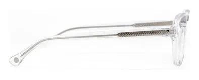 Armazón de acetato transparente, con forma aviador y detalles plateados en las patillas.