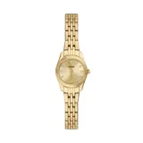 Reloj analógico Fossil modelo Scarlette, con caja y malla de acero inoxidable en tono dorado. Presenta una esfera dorada con efecto sunray, índices con cristales y bisel estriado.