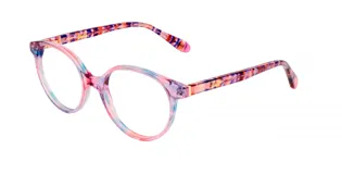 Armazón de acetato multicolor con forma redondeada y detalles de la marca Barbie en las patillas.