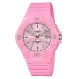 Reloj analógico Casio modelo LRW200H, de diseño liviano y deportivo en color rosado. Cuenta con caja, bisel giratorio y correa de resina, esfera con manecillas luminiscentes y visor de fecha.