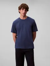 Remera de manga corta Calvin Klein confeccionada en tejido de piqué, con cuello redondo y corte regular. Presenta un pequeño logo bordado en el centro del pecho.