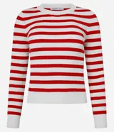 Suéter de punto con cuello redondo y rayas horizontales rojas y blancas.