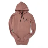 Canguro deportivo rosa viejo de algodón con capucha y cordones negros. Estampa pequeña en el pecho con logo y texto "Duxon Jeans Est 1982".