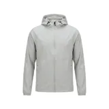 Campera deportiva Nike Unlimited de color gris claro, con cierre frontal completo, capucha ajustable con cordones y bolsillos laterales. Presenta el logo de la marca bordado en el pecho.