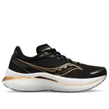 Championes de running Saucony Endorphin Speed 3, color negro con detalles dorados y suela blanca.