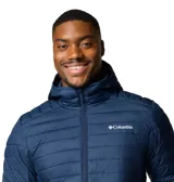 Campera acolchada Columbia modelo Silver Falls II Hood, color azul marino, con capucha integrada, cierre frontal completo y bolsillos laterales con cierre. Presenta tecnología Omni-Shield repelente al agua y aislamiento térmico Thermarator.