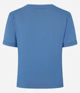 Blusa básica de cuello redondo y manga corta con detalle de dobladillo, confeccionada en tejido de viscosa con elastano.