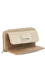 Billetera larga marca Lincoln's, color bordó con interior beige. Presenta un diseño con solapa frontal, múltiples compartimentos para tarjetas, visor y monedero con cierre.