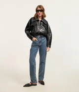 Pantalón de jean azul de corte recto con aplicaciones de strass en la parte delantera.