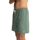 Short de baño verde con cintura elástica ajustable con cordón, bolsillos laterales y logo de la marca estampado en blanco en la parte inferior.