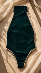 Body verde oscuro acanalado con cuello alto, diseño sin mangas, espalda descubierta y detalle de puntilla beige en los bordes.