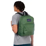 Mochila Jansport modelo Superbreak en color verde, con un compartimento principal espacioso y un bolsillo frontal con cierre. Incluye el logo clásico de la marca en el frente y correas ajustables.