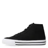 Championes urbanos de media caña Puma modelo Court Classic Vulc Mid FS, color negro con detalles en blanco. Presentan capellada de textil, suela de goma vulcanizada con franjas decorativas y cierre mediante cordones.