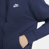 Campera con capucha Nike modelo Sportswear Club Fleece, color azul marino, con cierre frontal completo, bolsillos tipo canguro y logo de la marca bordado en el pecho.