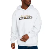 Canguro blanco con capucha y bolsillo tipo canguro. Estampado frontal con los logos de Emerica e Independent en color dorado y negro.