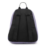 Mochila JanSport modelo Half Pint, color lila, con logo de la marca bordado en el frente, un compartimento principal y un bolsillo frontal con cierre.