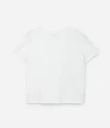 Blusa de algodón blanca con cuello redondo y manga corta abullonada. Estampa con corazones, copas y texto.