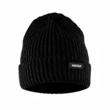 Gorro tipo beanie tejido en punto acanalado, color negro, con vuelta en el borde y etiqueta de la marca Emexem cosida en el frente.