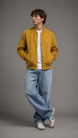 Campera urbana color mostaza de estilo bomber, con cierre frontal plateado, bolsillos laterales ribeteados y puños y cintura elásticos. Presenta un pequeño bordado distintivo en el pecho.