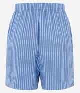 Short de viscosa y lino a rayas verticales azules y blancas, con cintura elástica ajustable con cordón.