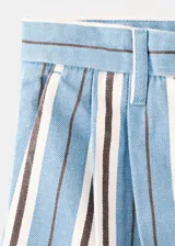 Pantalón wide leg de tiro alto, confeccionado en algodón, con diseño de rayas verticales en tonos celeste, azul marino y blanco.