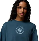 Remera de manga corta color azul con ribete acanalado en el cuello y estampa circular de la marca Columbia Sportswear en el pecho.