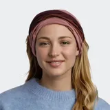 Cuello multifuncional de lana merino color rosa con secciones en marrón.