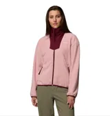 Campera polar de mujer con cierre frontal completo, cuello alto y bolsillos laterales con cierre. Presenta un diseño en bloques de color rosa y bordó, con logo de la marca bordado en el pecho.
