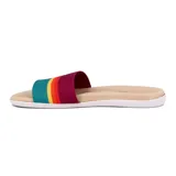 Sandalias planas Beira Rio para mujer, con base color beige y faja ancha superior decorada con franjas horizontales de colores: bordó, naranja, amarillo y turquesa.