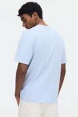 Remera de algodón liviano color celeste, con cuello redondo y corte estándar.