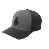Gorra de visera curva Volcom, con diseño bicolor en gris y negro. Presenta el logo de la marca en relieve en el panel frontal y orificios de ventilación cortados con láser en los paneles traseros.