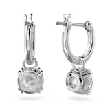 Par de aros colgantes plateados con forma de argolla y cristales blancos incrustados. Cuentan con un cristal blanco central de talla redonda. Cierre a presión.