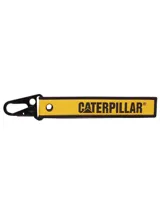 Llavero de cinta tejida Caterpillar, color amarillo con bordes y letras negras, y gancho metálico negro desmontable.