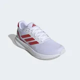 Championes de running Adidas modelo Runfalcon 5, color blanco con detalles en rojo. Cuentan con una parte superior de malla transpirable, mediasuela Cloudfoam para mayor amortiguación y suela Adiwear resistente al desgaste.