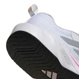 Championes de entrenamiento Adidas Rapidmove Go, color blanco con detalles en gris, naranja y fucsia. Presentan una estructura de malla transpirable, tecnología Climacool y suela con diseño geométrico.