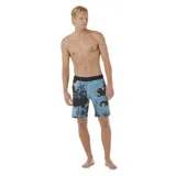 Short de baño Rip Curl Mirage Mason Raw Energy de 19 pulgadas, color celeste con estampado abstracto en negro y naranja.